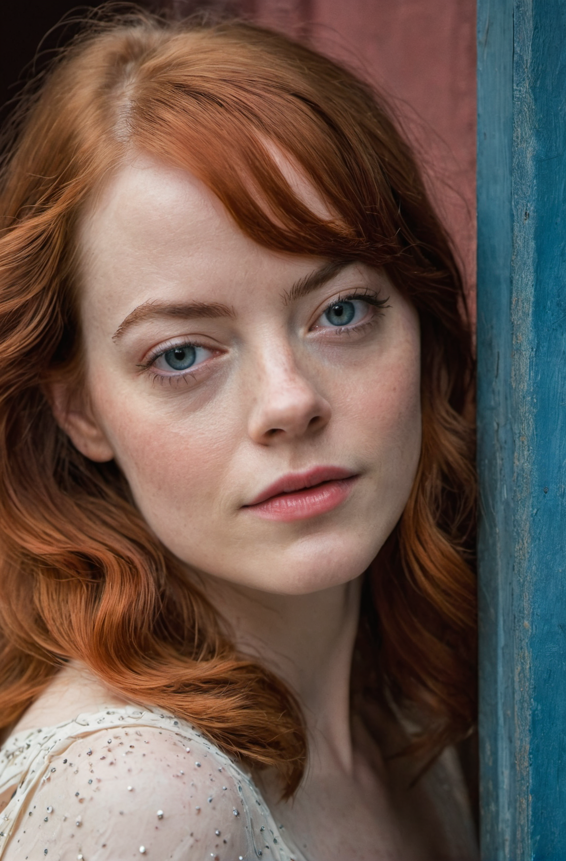 Portrait Photo a portrait, hyperdetailed photography, by Elizabeth Polunin, red haired young woman, Emma Stone, brooklyn, ...
